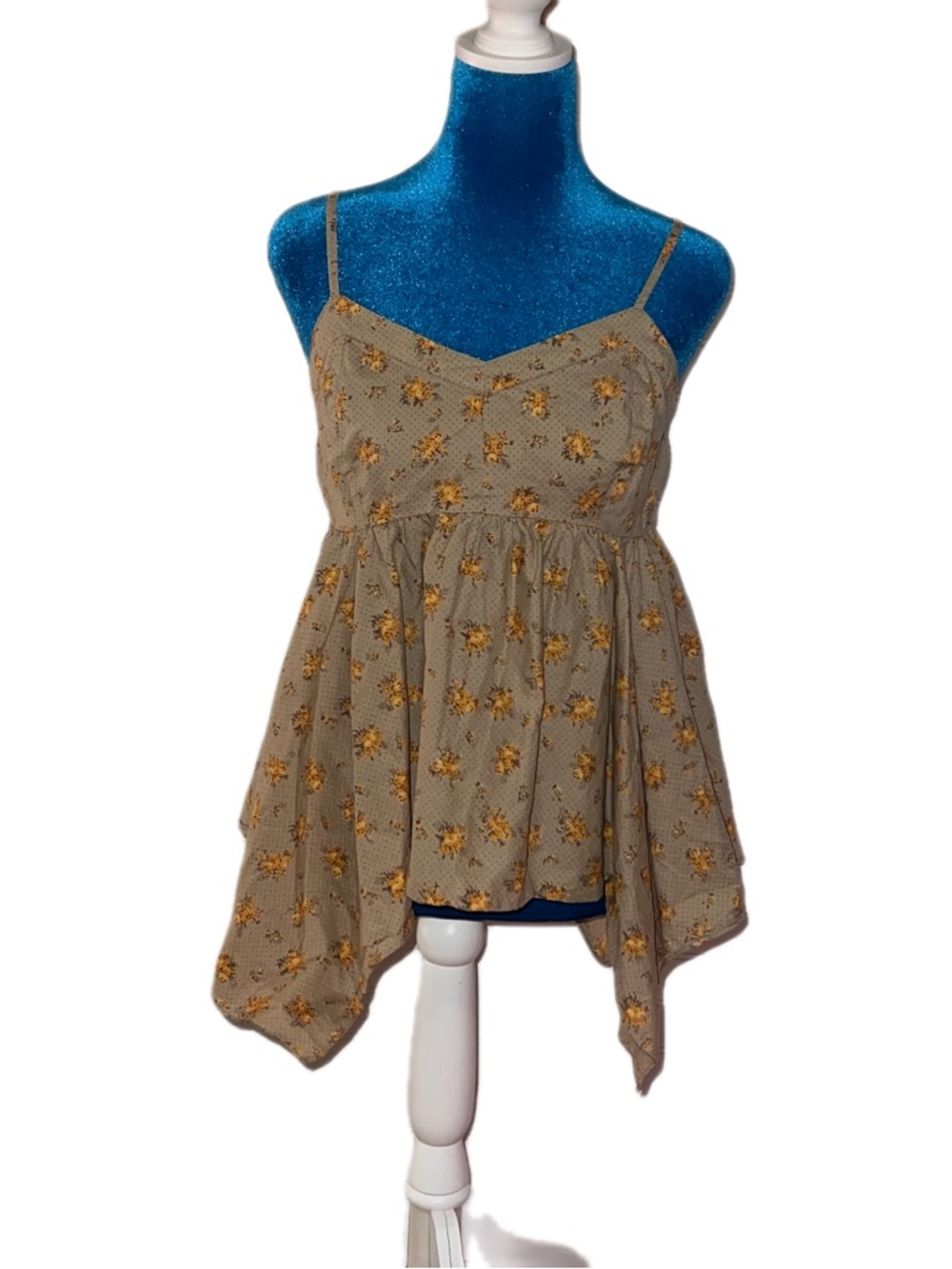 Mudd Handkerchief Hem Tan Tank with Yellow Floral Print Women's Large